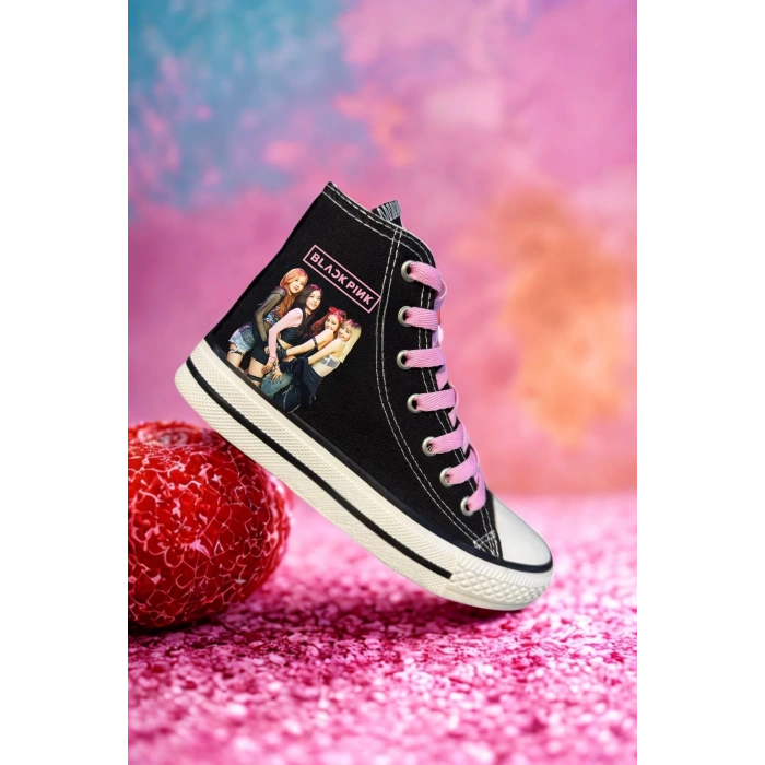 Black Pink Baskılı, Pembe Bağcıklı, Siyah Bilekli Spor Ayakkabı Çocuk Sneaker Blackpink