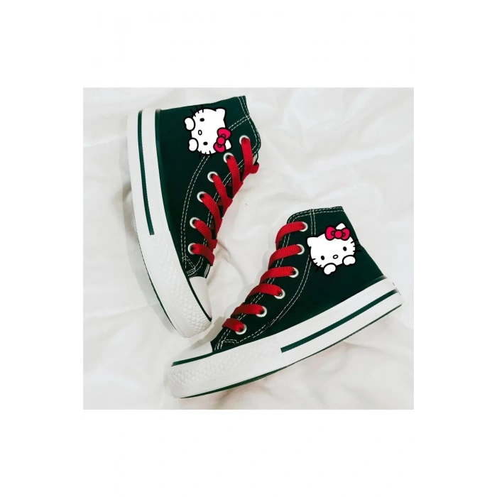 Hello Kitty Baskılı, Kırmızı Bağcıklı Siyah Bilekli Spor Ayakkabı Çocuk Sneaker