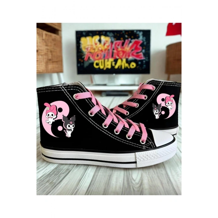 Kuromi Ve My Melody Baskılı, Pembe Bağcıklı, Siyah Bilekli Spor Ayakkabı Çocuk Sneaker