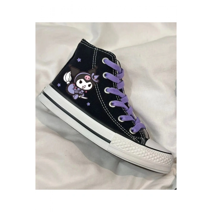 Kuromi Baskılı, Lila Bağcıklı, Siyah Bilekli Spor Ayakkabı Çocuk Sneaker
