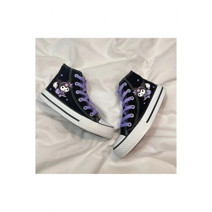 Kuromi Baskılı, Lila Bağcıklı, Siyah Bilekli Spor Ayakkabı Çocuk Sneaker