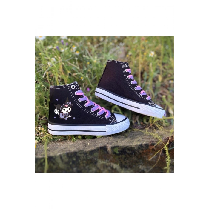 Kuromi Baskılı, Lila&Pembe Bağcıklı, Siyah Bilekli Spor Ayakkabı Çocuk Sneaker