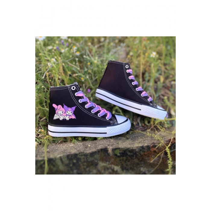 Kuromi Ve My Melody Baskılı, Lila&Pembe Bağcıklı, Siyah Bilekli Spor Ayakkabı, Çocuk Sneaker