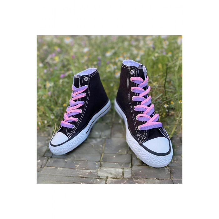 Kuromi Ve My Melody Baskılı, Lila&Pembe Bağcıklı, Siyah Bilekli Spor Ayakkabı, Çocuk Sneaker