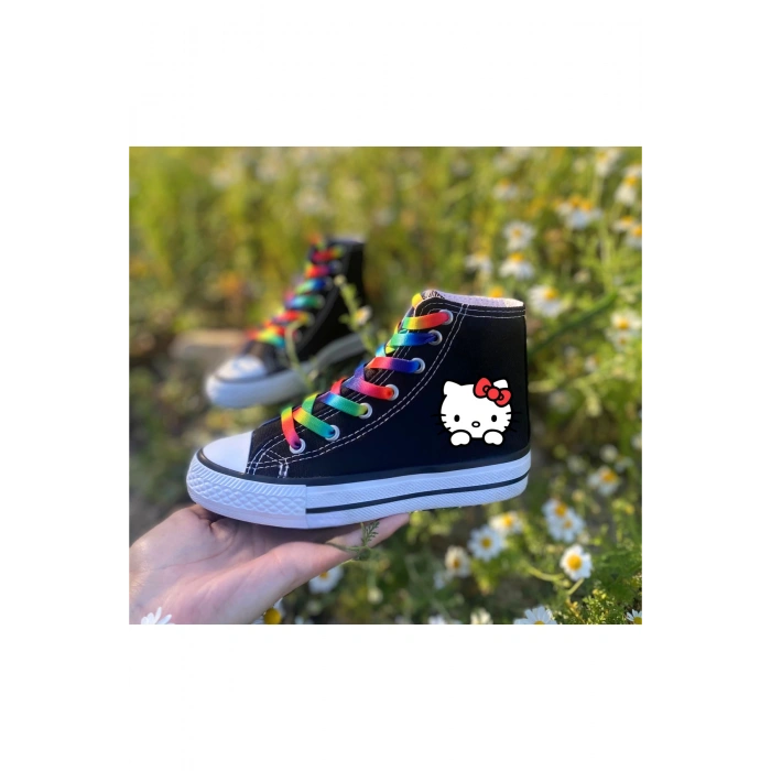 Hello Kitty Baskılı, Gökkuşağı Bağcıklı, Siyah Bilekli Spor Ayakkabı Çocuk Sneaker