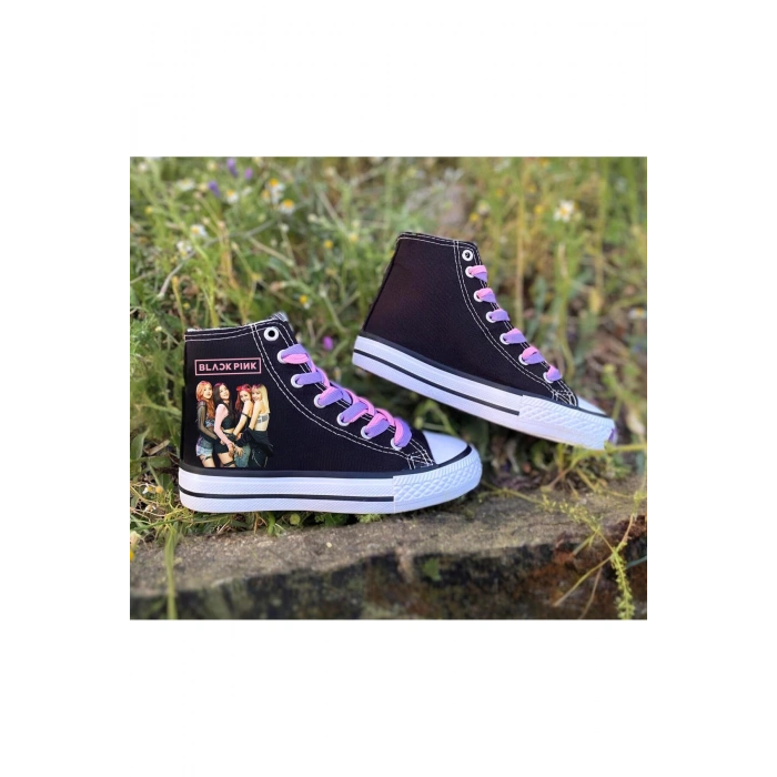 Black Pink Baskılı, Lila&Pembe Bağcıklı, Siyah Bilekli Spor Ayakkabı Çocuk Sneaker Blackpink