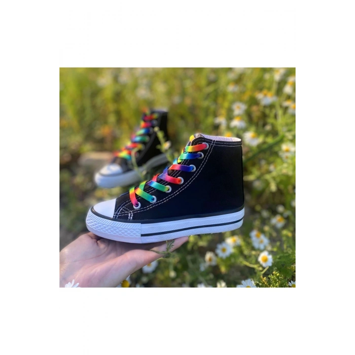 Gökkuşağı Bağcıklı, Siyah Bilekli Spor Ayakkabı Çocuk Sneaker