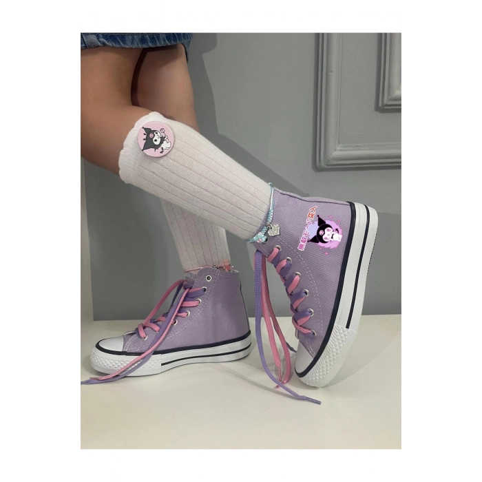 Çince Kuromi Baskılı, Lila&Pembe Bağcıklı, Lila Bilekli Spor Ayakkabı, Çocuk Sneaker