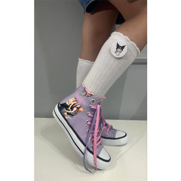Black Pink Baskılı, Lila&Pembe Bağcıklı, Lila Bilekli Spor Ayakkabı Çocuk Sneaker Blackpink