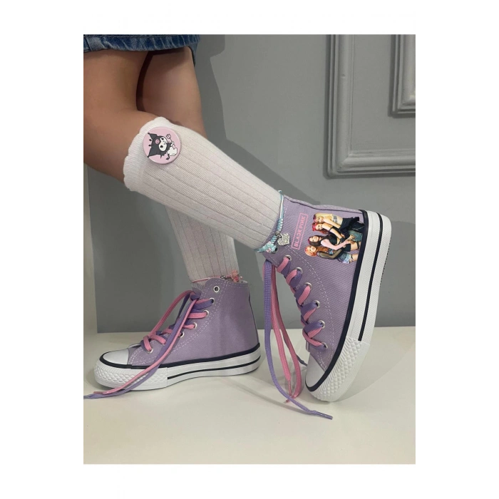 Black Pink Baskılı, Lila&Pembe Bağcıklı, Lila Bilekli Spor Ayakkabı Çocuk Sneaker Blackpink
