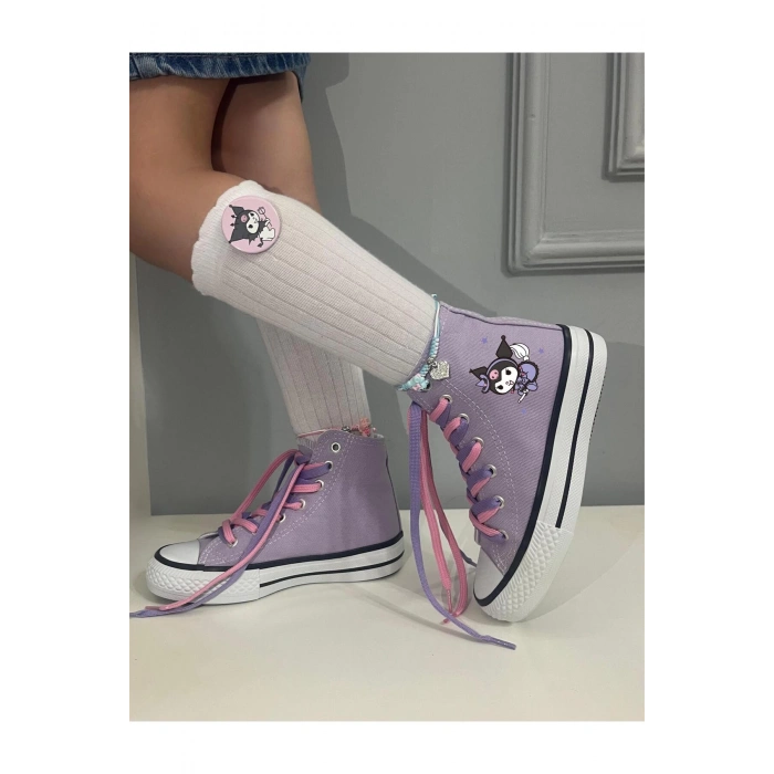 Kuromi Baskılı, Lila&Pembe Bağcıklı, Lila Bilekli Spor Ayakkabı, Çocuk Sneaker