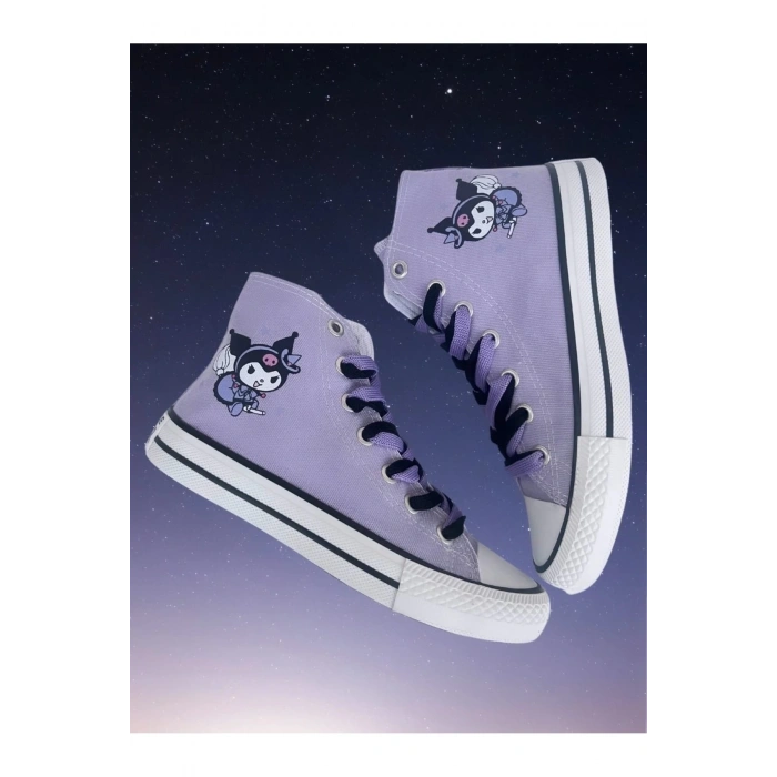 Kuromi Baskılı, Lila&Siyah Bağcıklı, Lila Bilekli Spor Ayakkabı Çocuk Sneaker