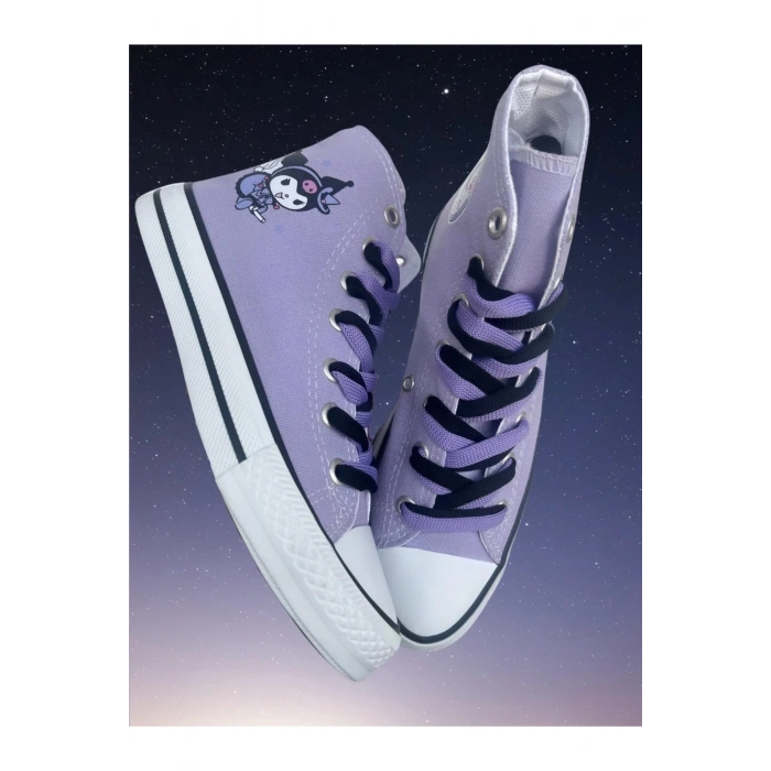 Kuromi Baskılı, Lila&Siyah Bağcıklı, Lila Bilekli Spor Ayakkabı Çocuk Sneaker