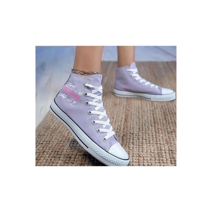 İmzalı Black Pink Baskılı, Lila Bilekli Spor Ayakkabı, Çocuk Sneaker