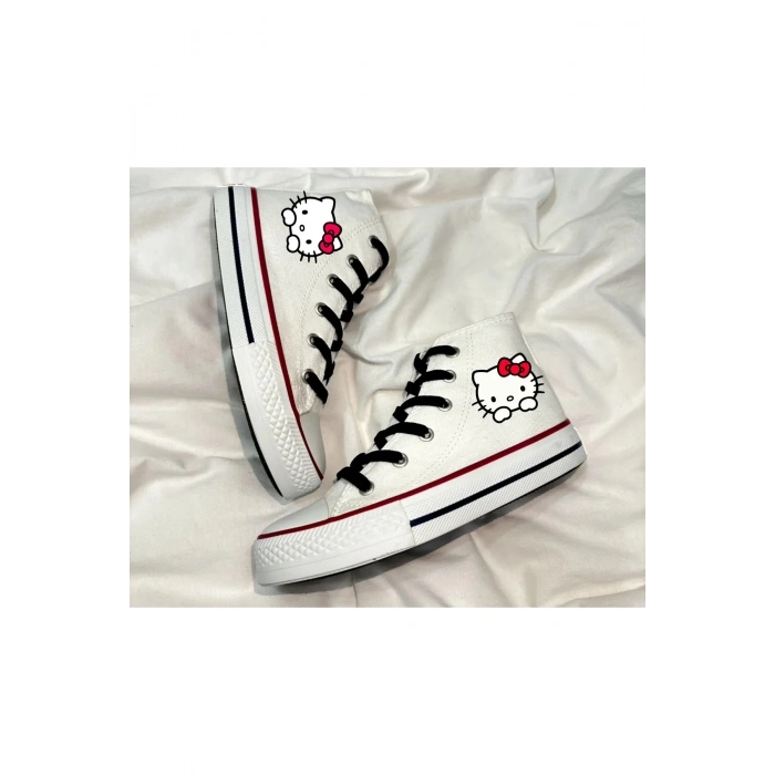 Hello Kitty Baskılı, Siyah Bağcıklı, Beyaz Bilekli Spor Ayakkabı Çocuk Sneaker