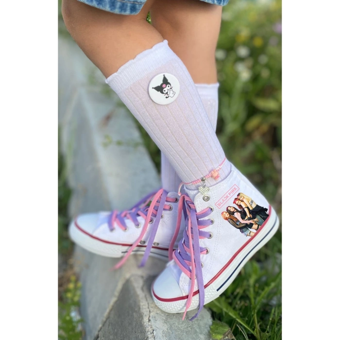 Lila&Pembe Bağcıklı, Black Pink Baskılı, Beyaz Bilekli Spor Ayakkabı Çocuk Sneaker