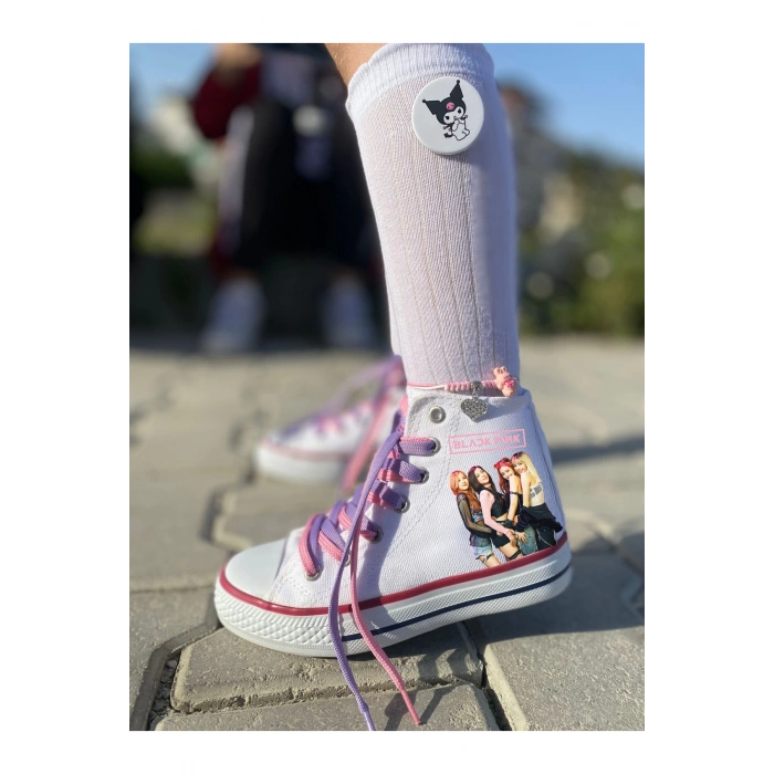 Lila&Pembe Bağcıklı, Black Pink Baskılı, Beyaz Bilekli Spor Ayakkabı Çocuk Sneaker