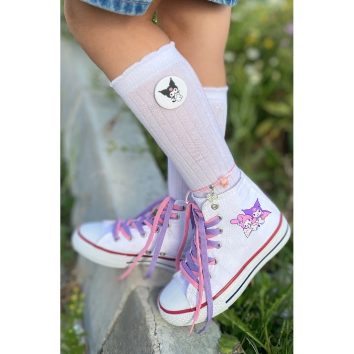 Kuromi Ve My Melody Baskılı, Lila&Pembe Bağcıklı, Beyaz Bilekli Spor Ayakkabı, Çocuk Sneaker