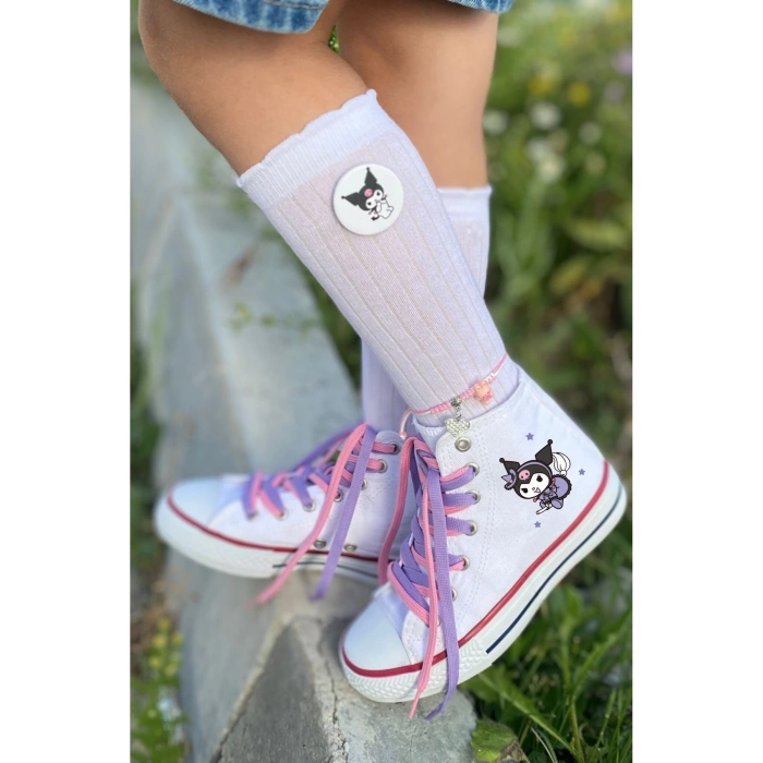 Kuromi Baskılı, Lila&Pembe Bağcıklı, Beyaz Bilekli Spor Ayakkabı Çocuk Sneaker