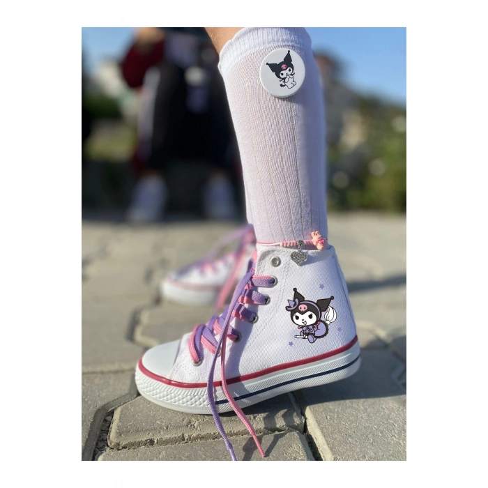 Kuromi Baskılı, Lila&Pembe Bağcıklı, Beyaz Bilekli Spor Ayakkabı Çocuk Sneaker