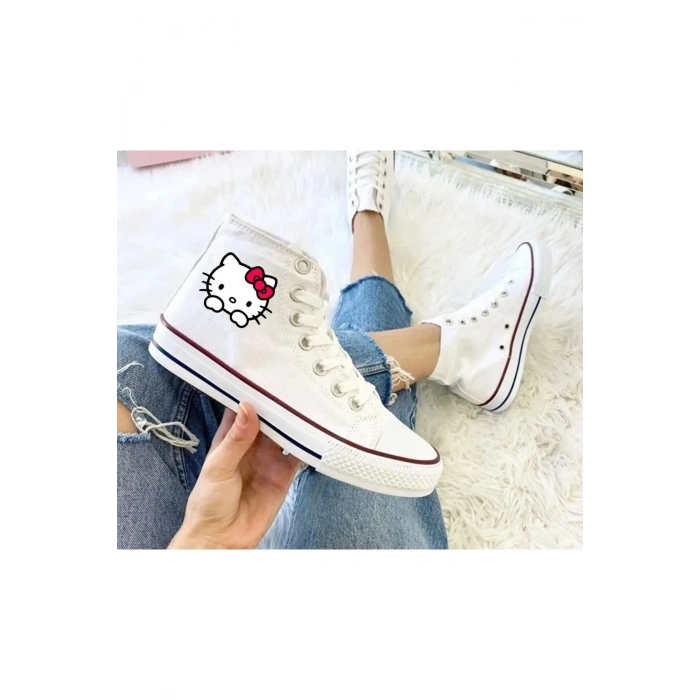Hello Kitty Baskılı, Beyaz Bilekli Spor Ayakkabı Çocuk Sneaker