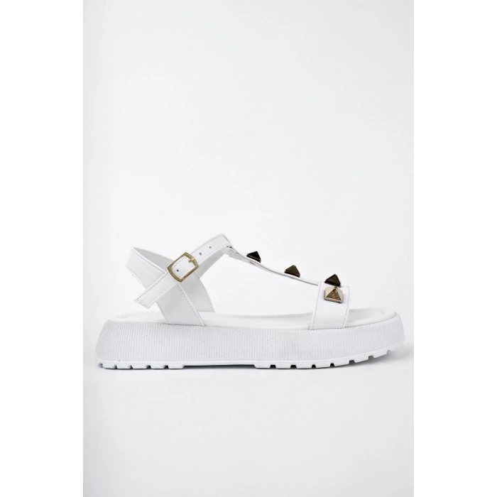 DODO Kadın Beyaz Kalın Topuklu Gold Droplu Ortopedik Taban Günlük Sandalet