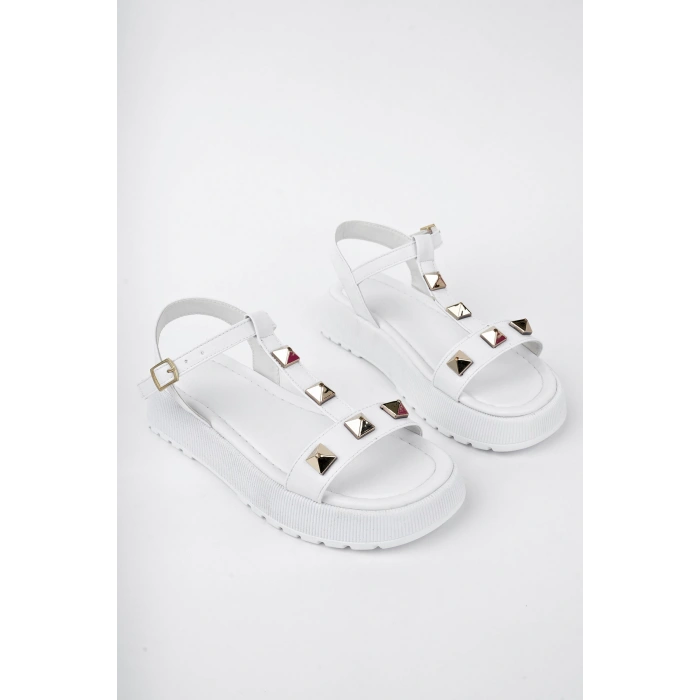 DODO Kadın Beyaz Kalın Topuklu Gold Droplu Ortopedik Taban Günlük Sandalet