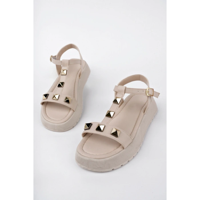 DODO Kadın Bej Kalın Topuklu Gold Droplu Ortopedik Taban Günlük Sandalet