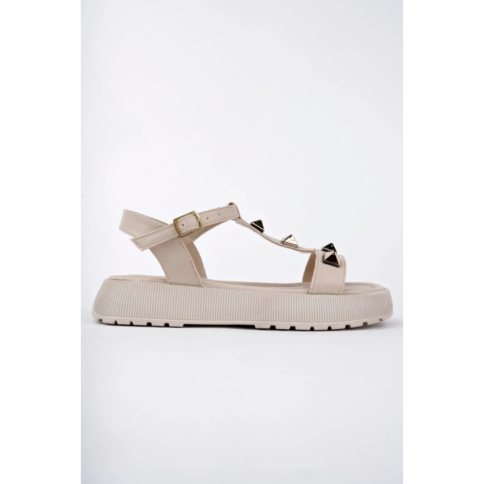 DODO Kadın Bej Kalın Topuklu Gold Droplu Ortopedik Taban Günlük Sandalet