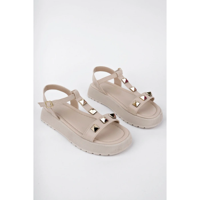 DODO Kadın Bej Kalın Topuklu Gold Droplu Ortopedik Taban Günlük Sandalet