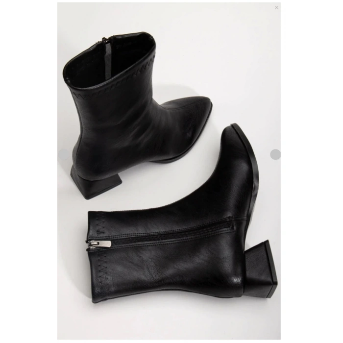 Kadın Siyah Orta Boy Bot | Günlük Kısa Topuklu Ortadan Dikişli Bot | Sivri Hafif Su Geçirmez Günlük