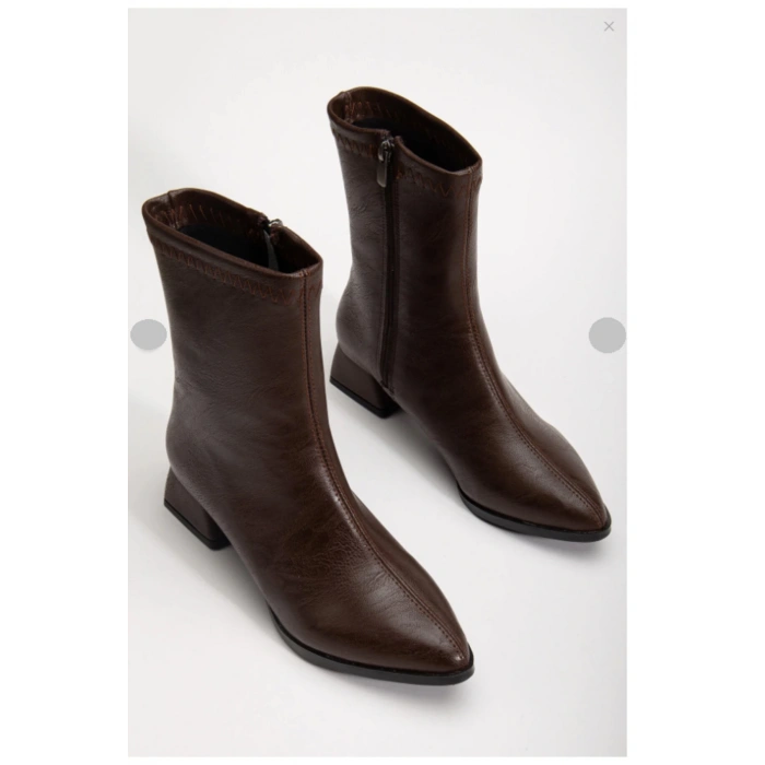 Kadın Kahverengi Orta Boy Bot | Günlük Kısa Topuklu Ortadan Dikişli Bot | Sivri Burun Bot | Boots
