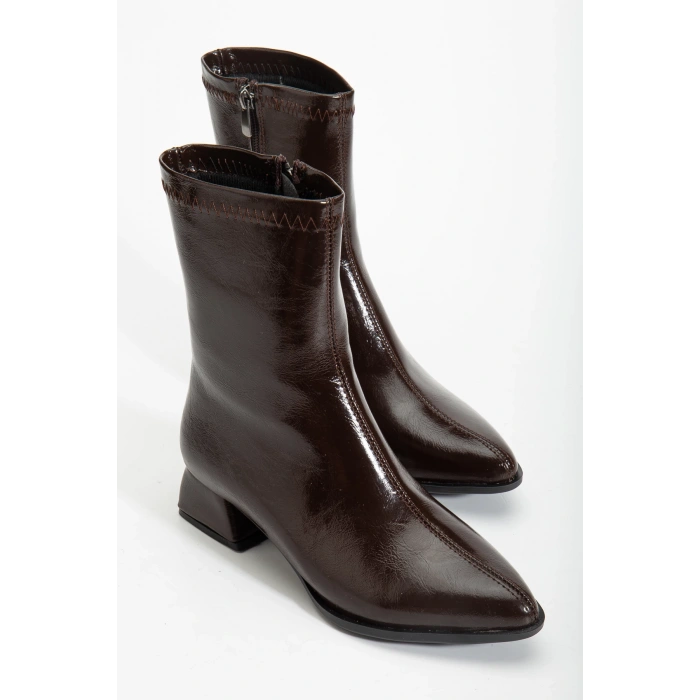 Kadın Kahve Kısa Topuklu Bot Kırışık Rugan Fermuarlı Günlük Bot Ortadan Dikişli Bot Boots