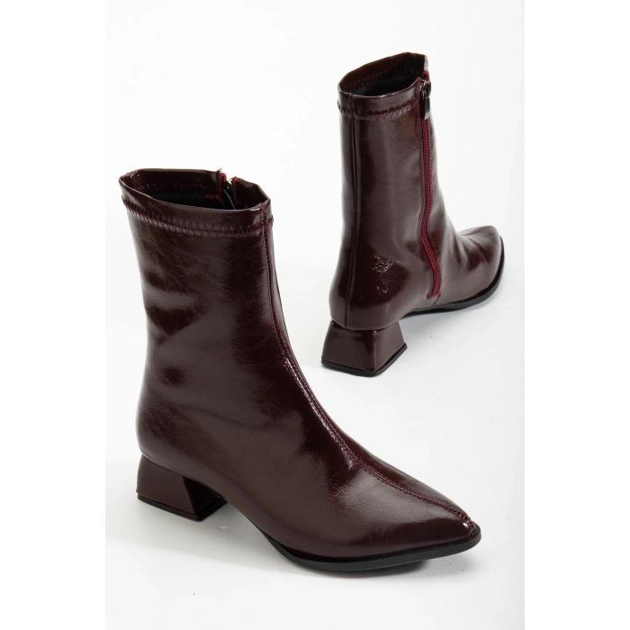 Kadın Bordo Sivri Burun Bot Kırışık Rugan Günlük Bot Boots