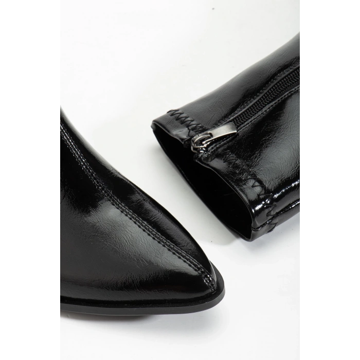 Kadın Siyah Sivri Burun Bot Kırışık Rugan Günlük Bot Boots