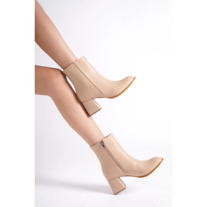 Nude Kadın Topuklu Bot | Günlük ve Şık Kısa Topuklu Fermuarlı Bot | Yeni Sezon Moda Ayakkabı Boots