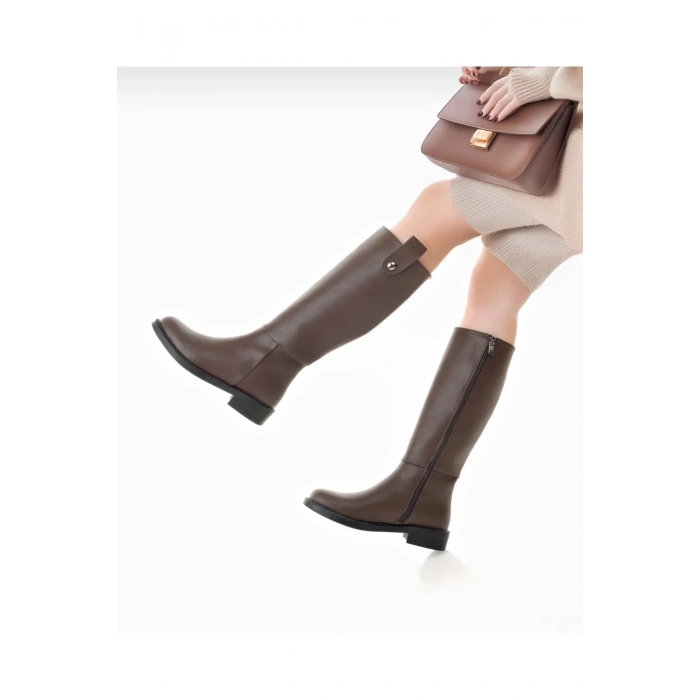Günlük Düz Taban Çizme Acı Kahve Cilt Kahverengi Deri