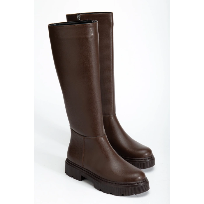 Kadın Acı Kahve Diz Altı Fermuarlı Rahat Çizme