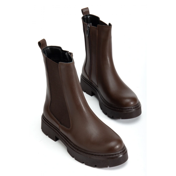 Kadın Acı Kahve Kalın Tabanlı Fermuarlı Chelsea Bot