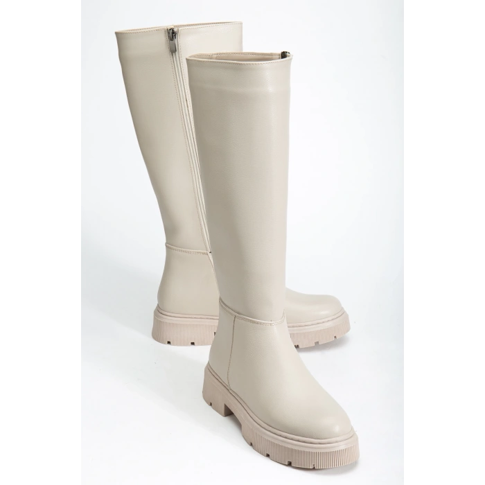 Kadın Bej Diz Altı Fermuarlı Rahat Çizme