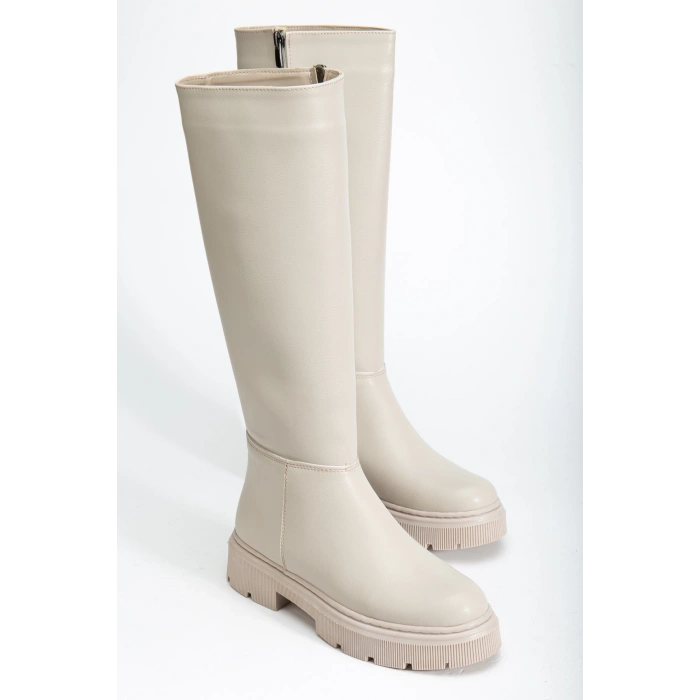 Kadın Bej Diz Altı Fermuarlı Rahat Çizme