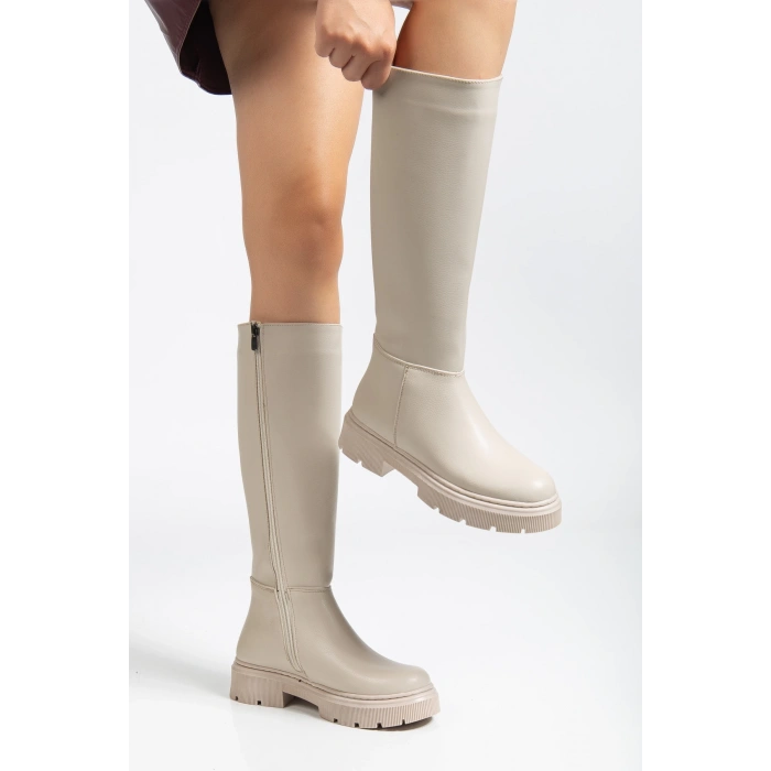 Kadın Bej Diz Altı Fermuarlı Rahat Çizme