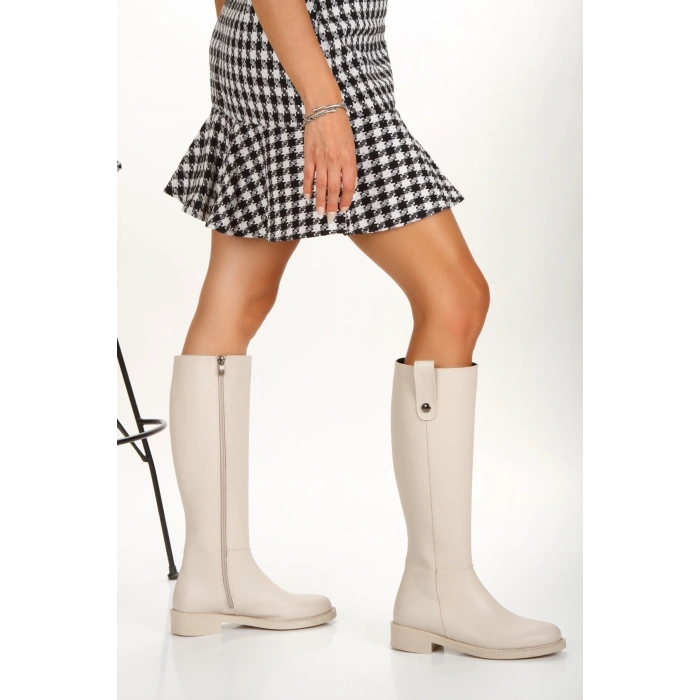 Kadın Bej Düz Taban Diz Altı Günlük Çizme