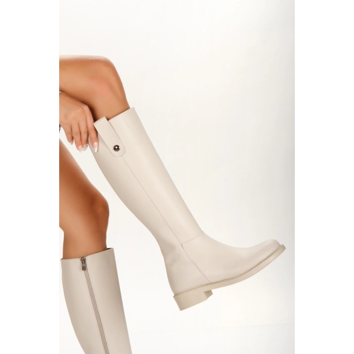 Kadın Bej Düz Taban Diz Altı Günlük Çizme
