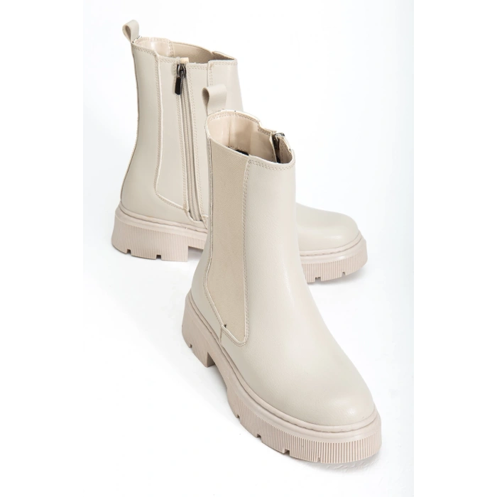 Kadın Bej Kalın Tabanlı Fermuarlı Chelsea Bot