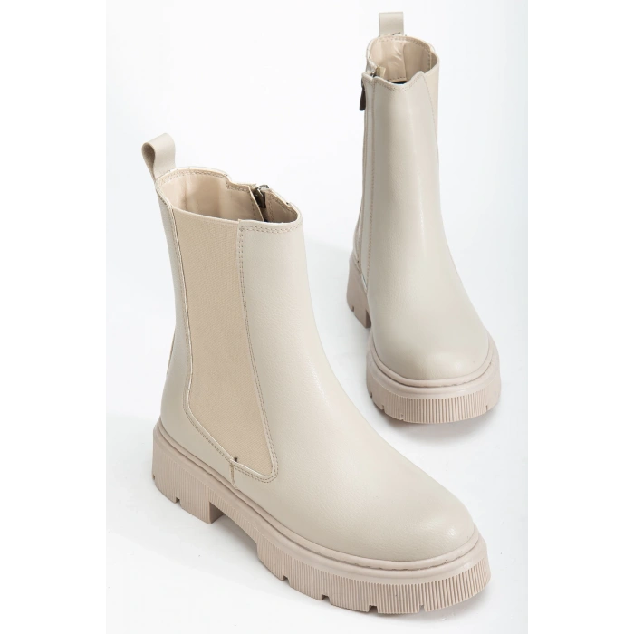 Kadın Bej Kalın Tabanlı Fermuarlı Chelsea Bot