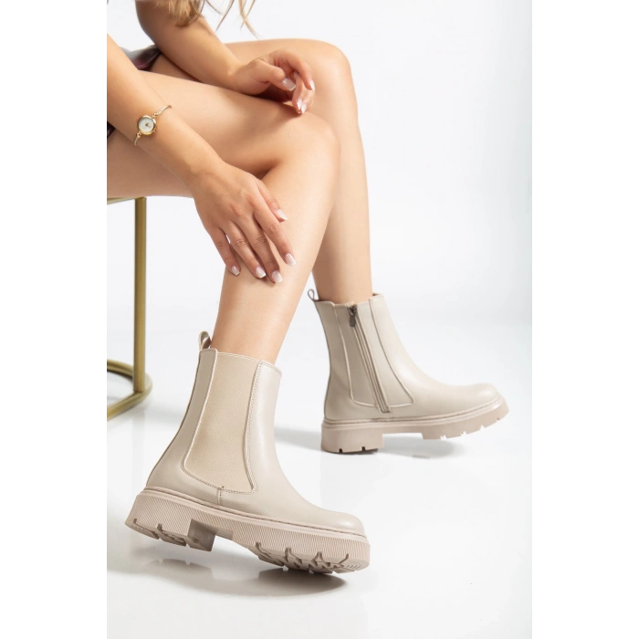 Kadın Bej Kalın Tabanlı Fermuarlı Chelsea Bot