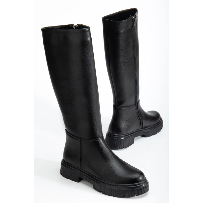 Kadın Siyah Diz Altı Fermuarlı Rahat Çizme