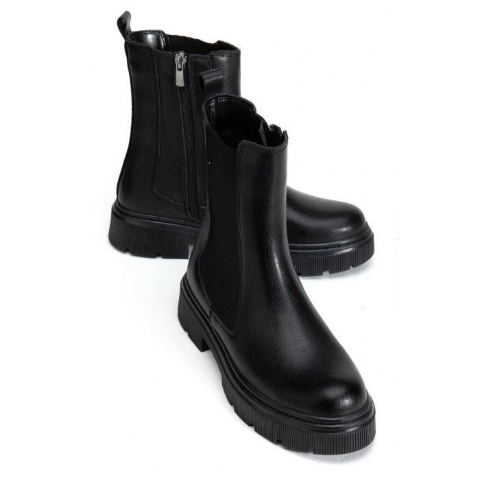 Kadın Siyah Kalın Tabanlı Fermuarlı Chelsea Bot