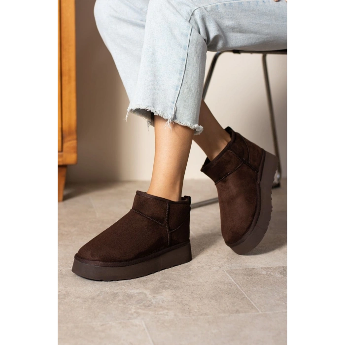 Mini Acı Kahve Süet İçi Kürklü Kalın Taban Kadın Bot